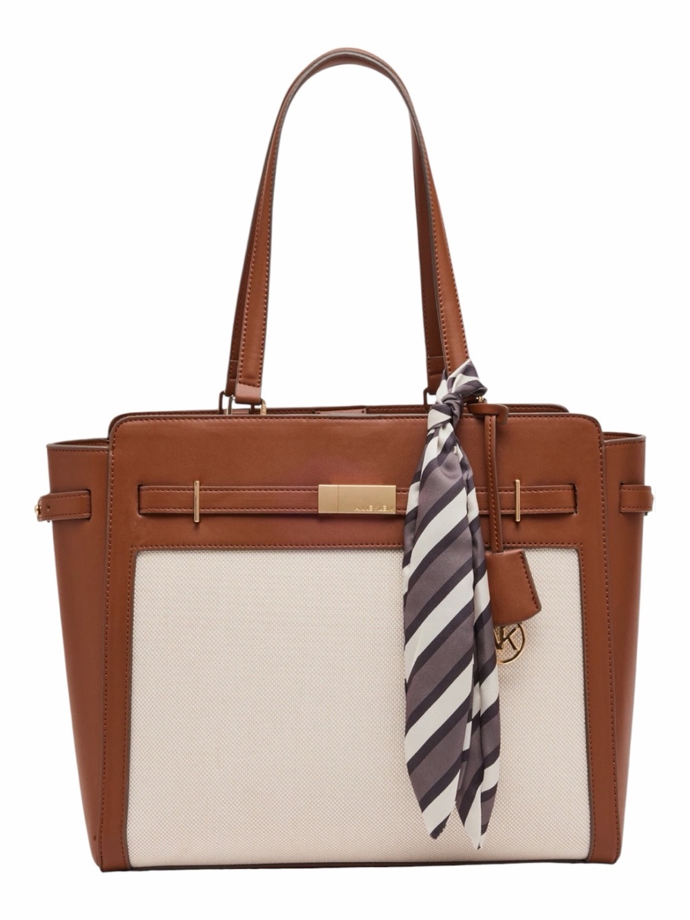 Anne Klein Brown and Cream Tote with Striped Scarf Accent